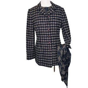 Vintage Carlisle Tweed Boucle Blazer Silk Blouse & Scarf 3 Pc Set Hong Kong Sz 6